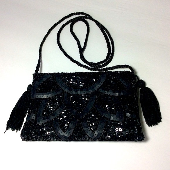 Black Sequined Evening Bag With Tassels braided Cord Handle NWOT - Picture 1 of 5